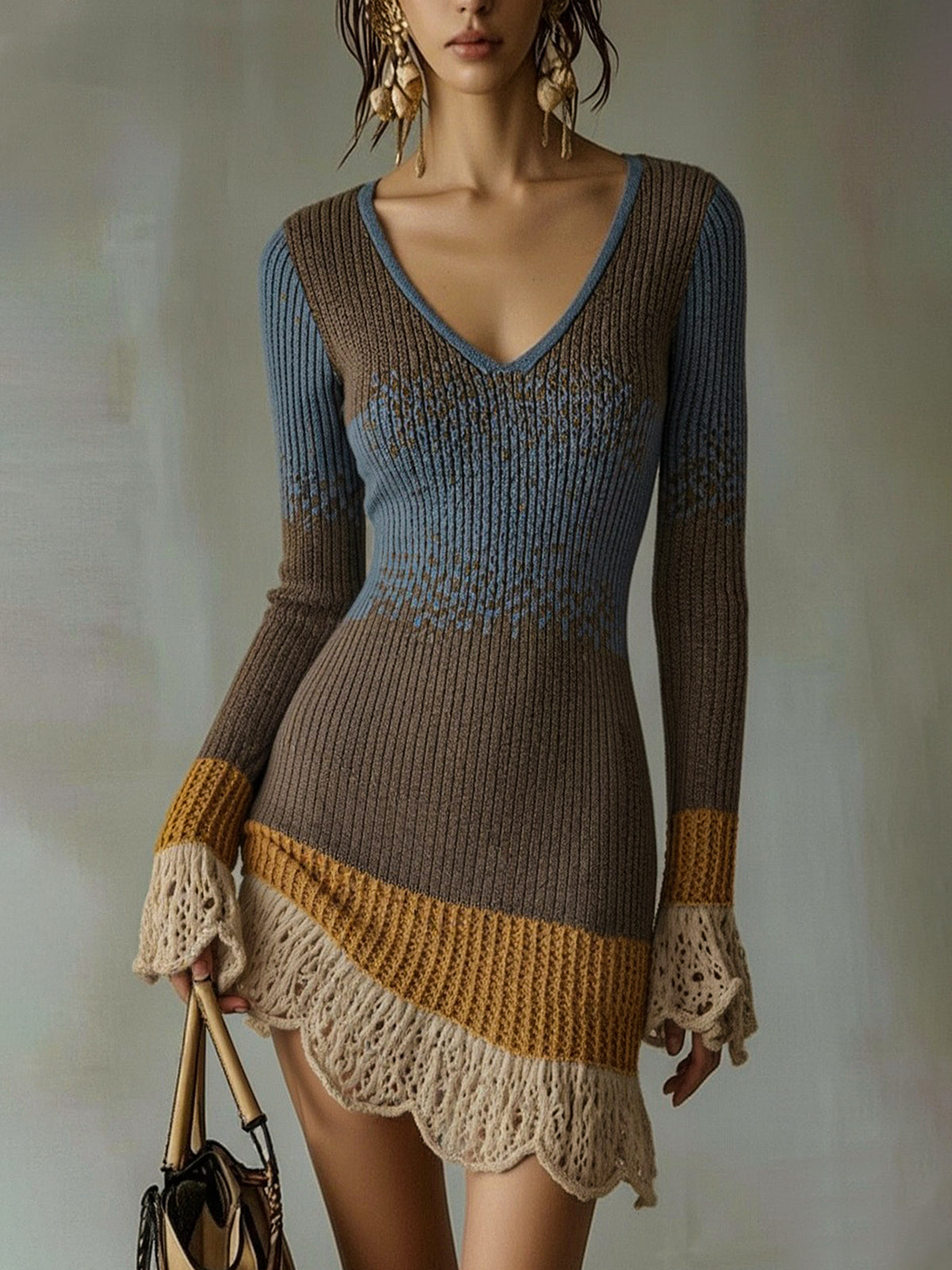 Multicolor Knit Mini Dress With Lace Ruffle Trim Multicolor Knit Mini Dress With Lace Ruffle Trim