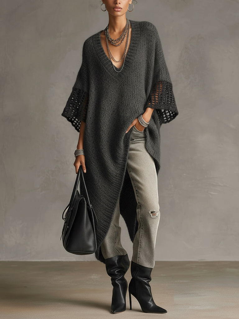 Gray Asymmetric Hem Loose Knit Dress With Crochet Mid Sleeves