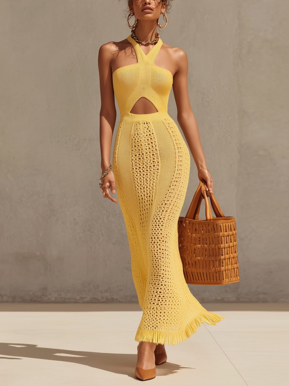 Yellow Knit Crochet Sleeveless Fringe Dress