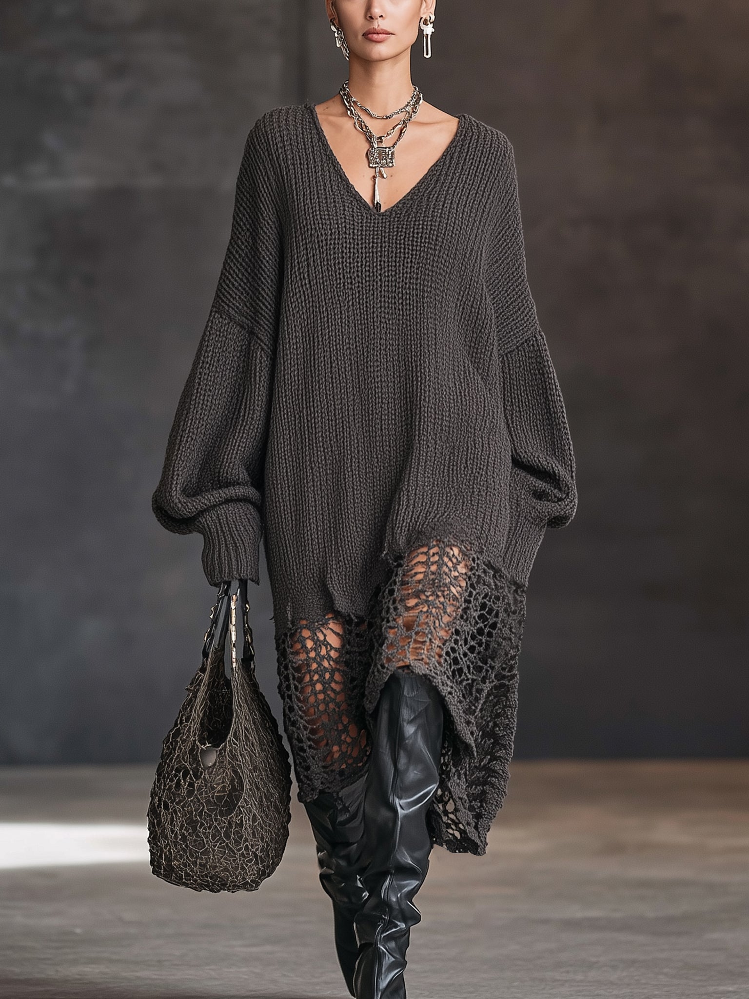 Charcoal Gray V-Neck Knit Mesh Long Sleeve Midi Dress Charcoal Gray V-Neck Knit Mesh Long Sleeve Midi Dress